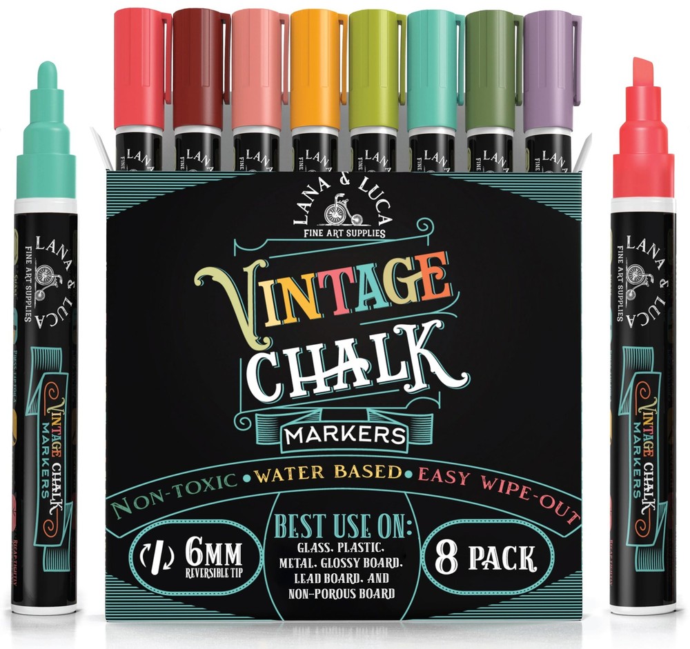 Liquid Chalk Markers 8 Pack Wet Erase Reversible Tip Multicolor Vintage Colors