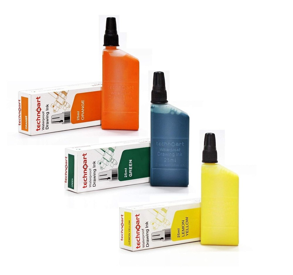 Technical Drawing Pen Ink – 25 ml – Orange, Green & Lemon Yellow – Waterproof