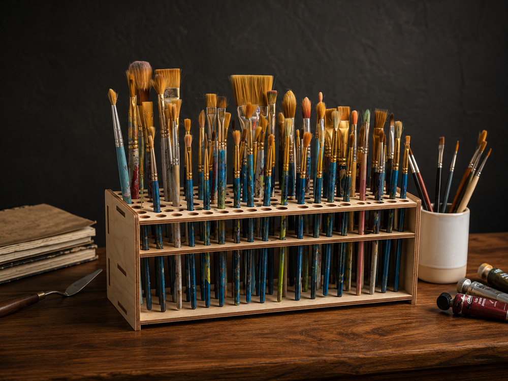 STUDIO RESERVE WOODEN PAINTBRUSH ORGANIZER | CUSTOM 67-SLOT ARTIST DESKTOP DISPL