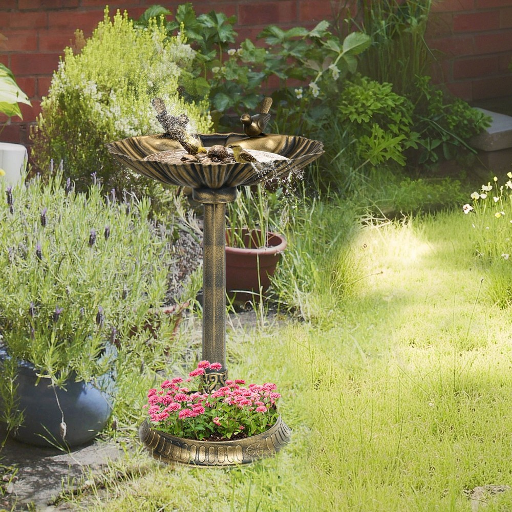 Antique Bronze Birdbath 32″ with Planter Pedestal & Bird Statues Garden Decor