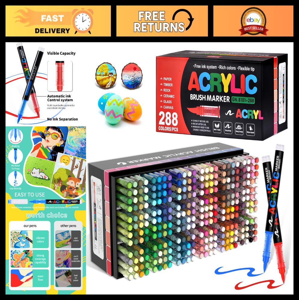 288 Colors Acrylic Paint Markers – Soft Brush Tip, Water-Based, No-Bleed Ink for