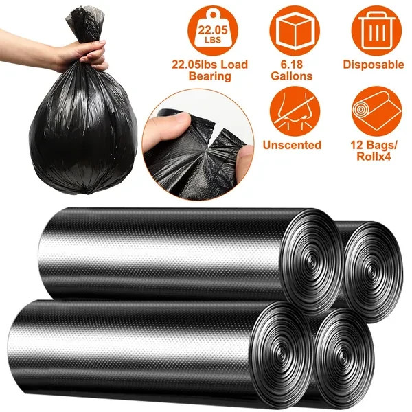 4 Rolls Black Garbage Bags 6.18 Gallons Unscented Disposable Trash Bags Portable
