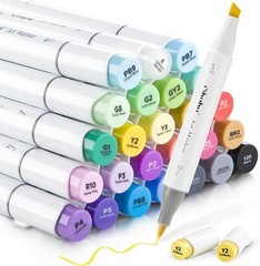 Ohuhu 24 Basic Colors Alcohol Markers Brush & Chisel Double Tipped w/ 1 Blender