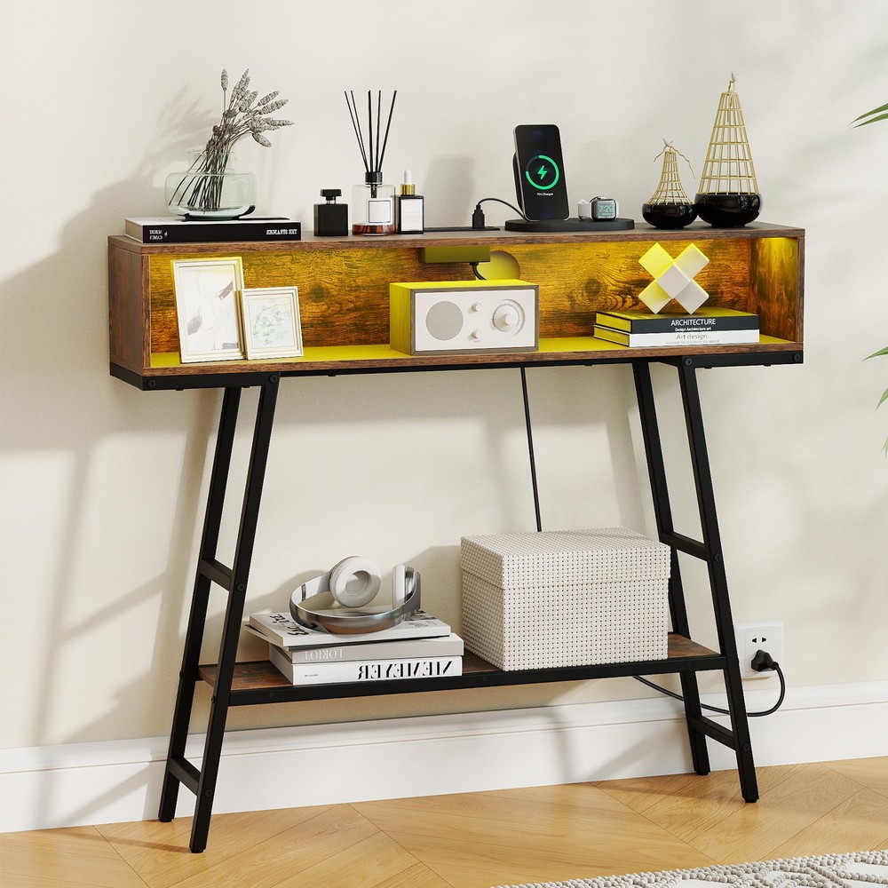 40″ Console Table with Charging Station and LED Lights-Rustic Brown