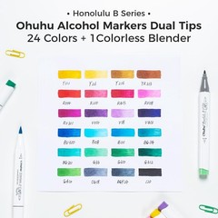Ohuhu 24 Basic Colors Alcohol Markers Brush & Fine Double Tipped w/ 1 Blender
