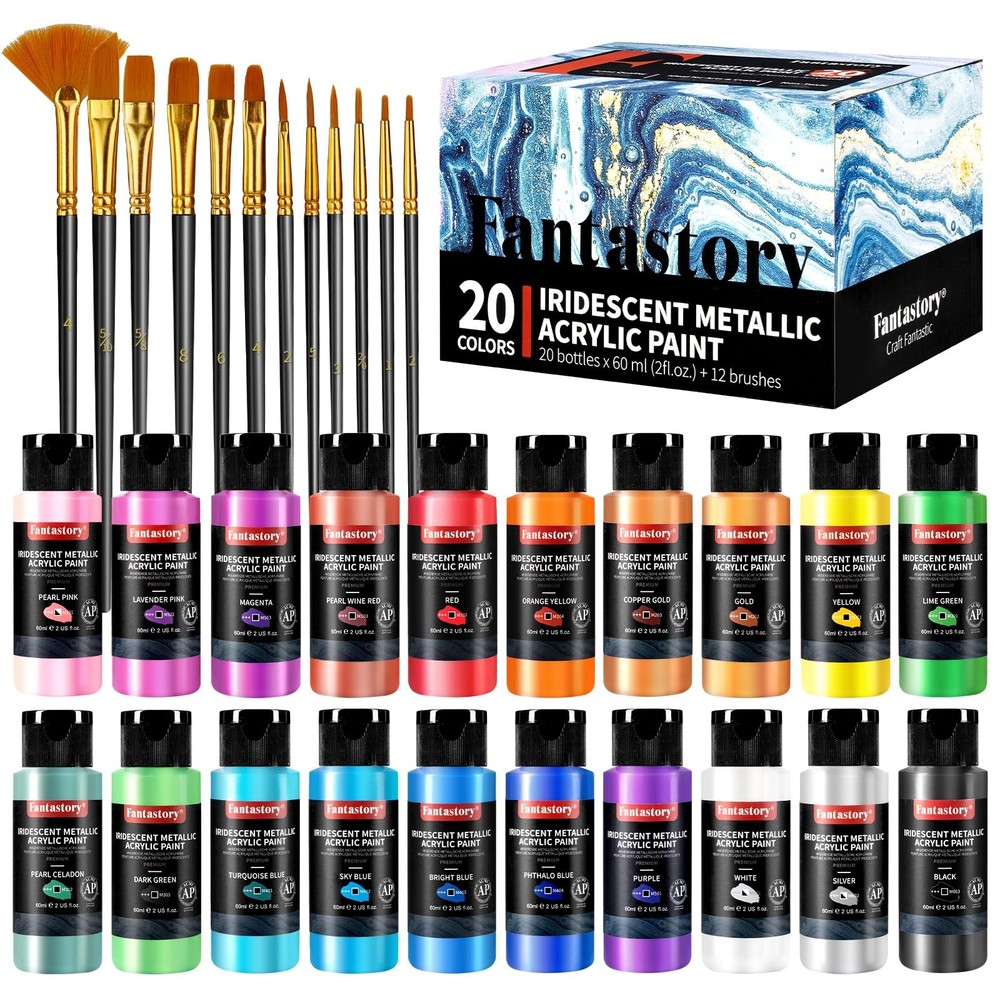 Metallic Iridescent Acrylic Paint Set – 20 Colors, 12 Brushes, Multi-Surface Use