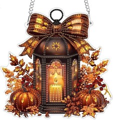 Fall Candle in Lantern Pumpkins Leaves 5D Diamond Drill Dot Gem Art Kit Hanging