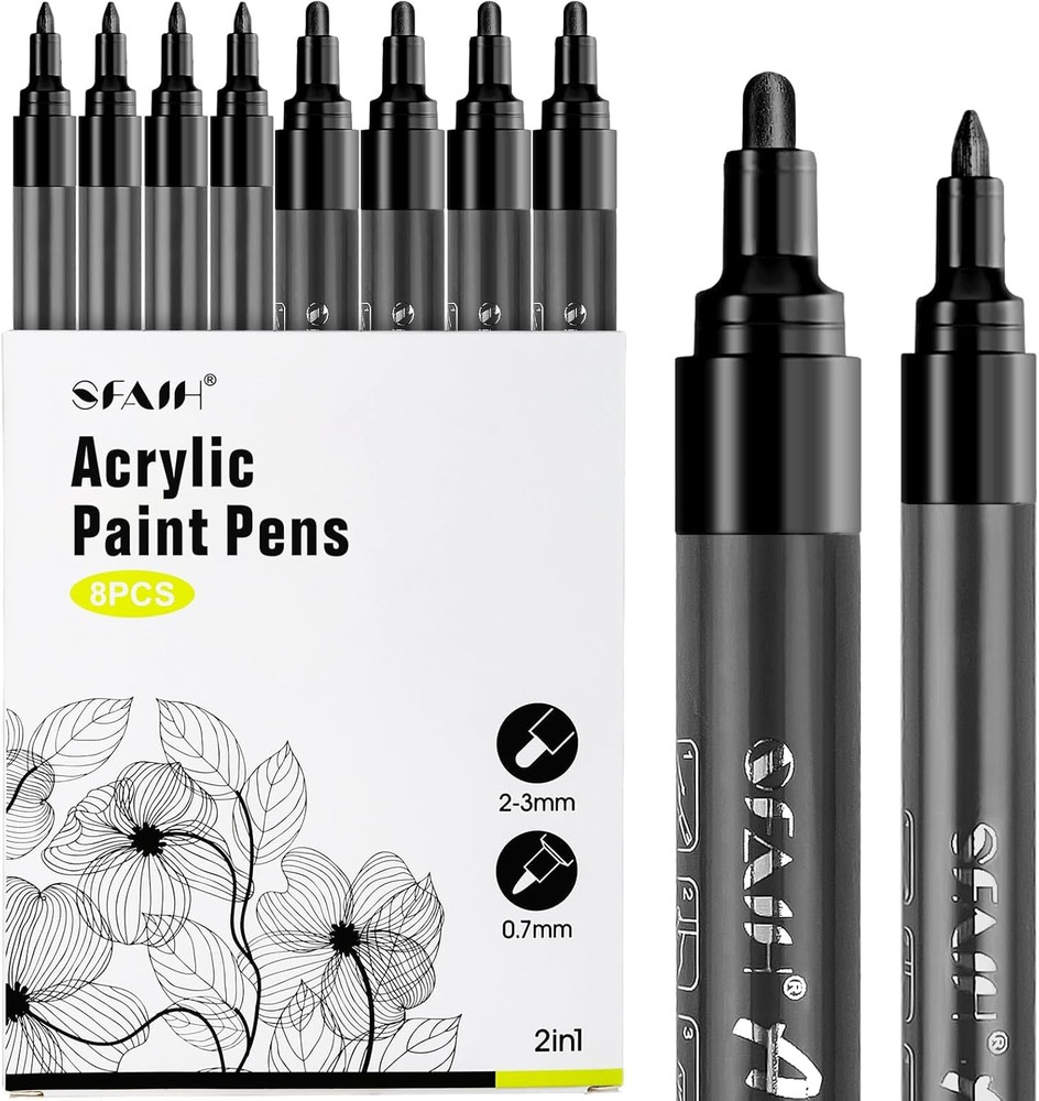 Acrylic Black Paint Pens – 8 Pack 2-3MM Medium Tip & 0.7MM Extra Fine Black Perm