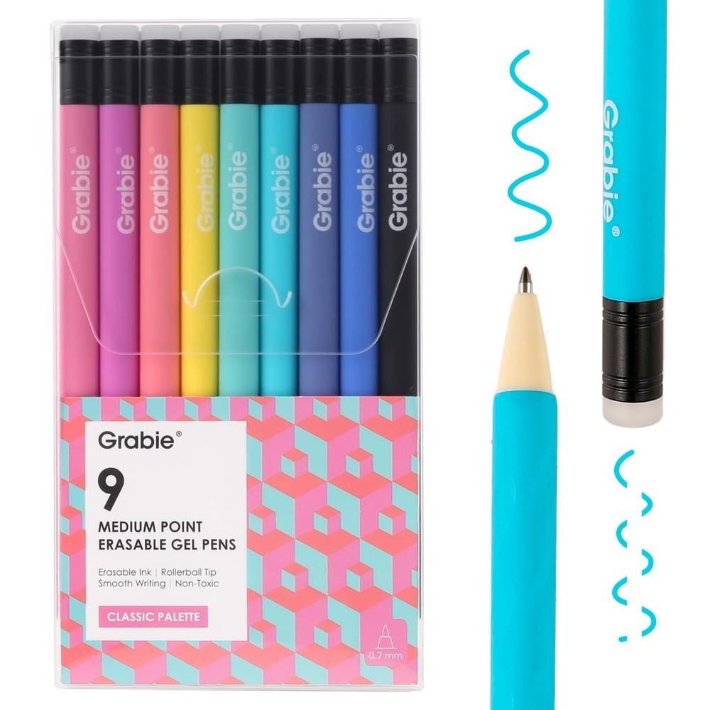 Grabie Erasable Gel Pens, Medium Point 0.7 Pack of 1, 9 Colors Pens: Classic