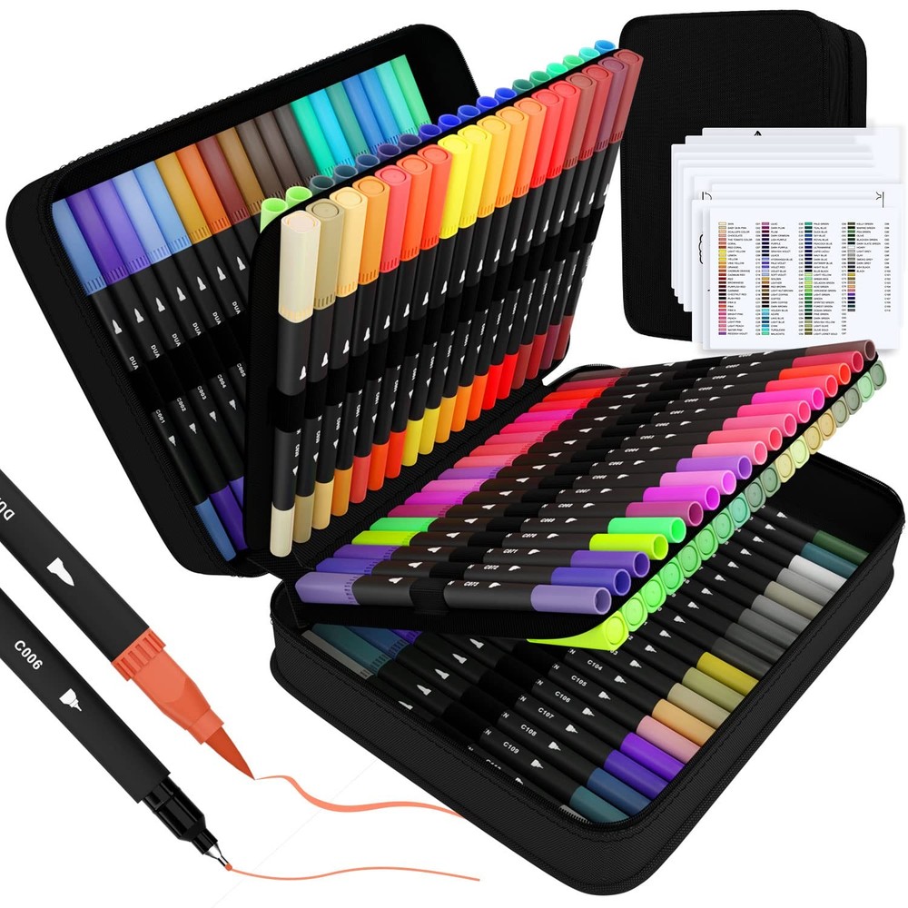 110 Dual Brush Markers Pens, Fineliner, Brush Tip, Artist Coloring Set, Case