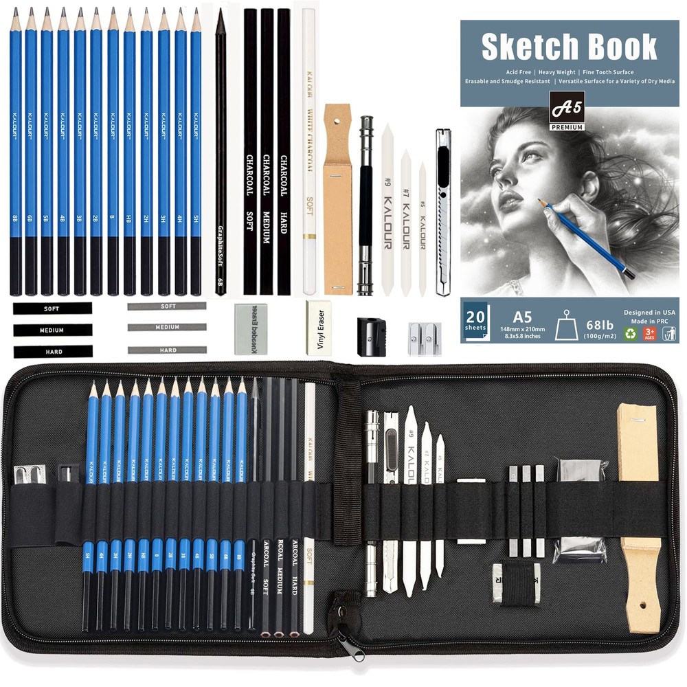 34 Sketching Pencil Set with Sketchbook Zippered Travel Case Art Supplies