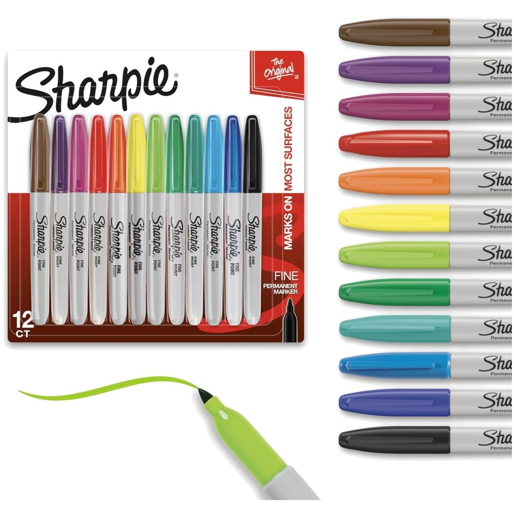 Bright Fine Tip Permanent Markers 12 Pack