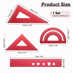 4 Pcs Geometry Drafting Tool, Math Tool Includes 15cm l Ruler, Red