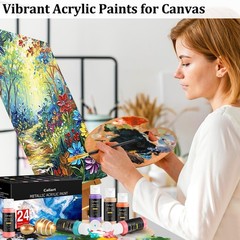 24 Metallic Acrylic Paint Set with 12 Brushes | Non-Toxic Rich Pigments for Art,