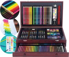 142 Pc Art Set With Colored Pencils, Crayons, Pastels, Watercolors In Wood Carry