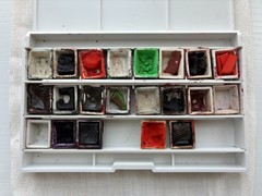 Rare 21 Antique Vintage ceramic Watercolor Half pans G. Rowney, W&N, Devoe + Box