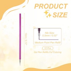 12Pack 0.5mm Gel Pen Refills for Coloring, Medium Point Pens Refills, Purple