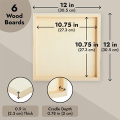 12×12 Wood Panel Boards, Square Canvas for Painting, Crafts, Acrylic (6 Pack)