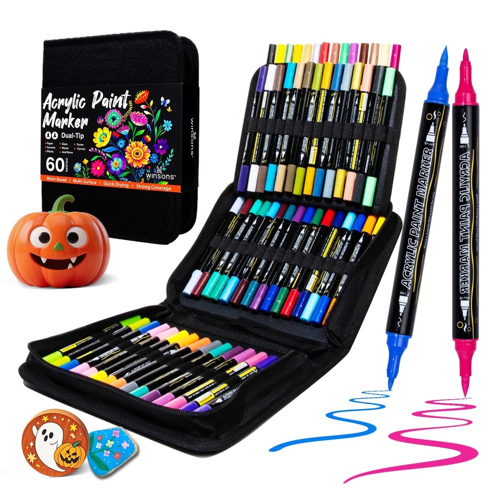60 Colors Acrylic Paint Markers, Dual Tip with Fine Tip and Brush Tip Pens fo…