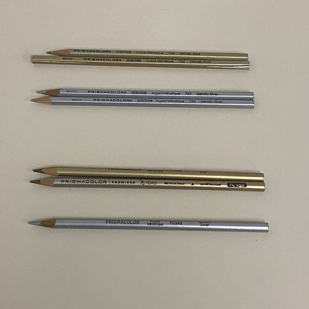 Prismacolor Metallic Silver Gold Pencils Lot of 7 Artist Drawing Art Supplies