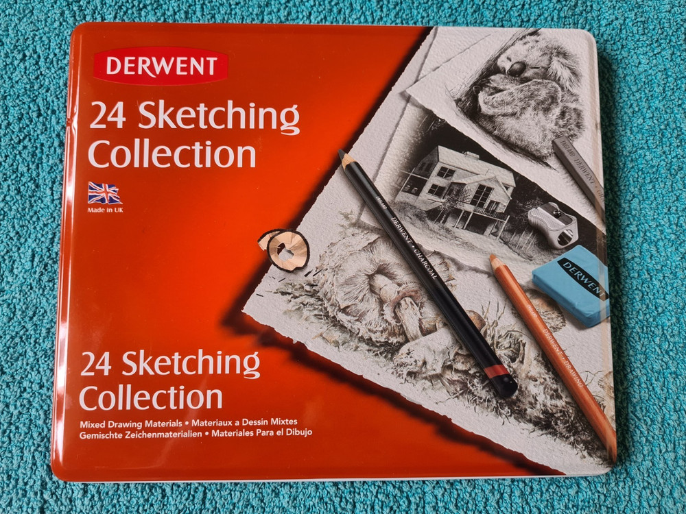 Derwent, 24 Sketching Collection, mixed drawing materials, brand new, sealed tin