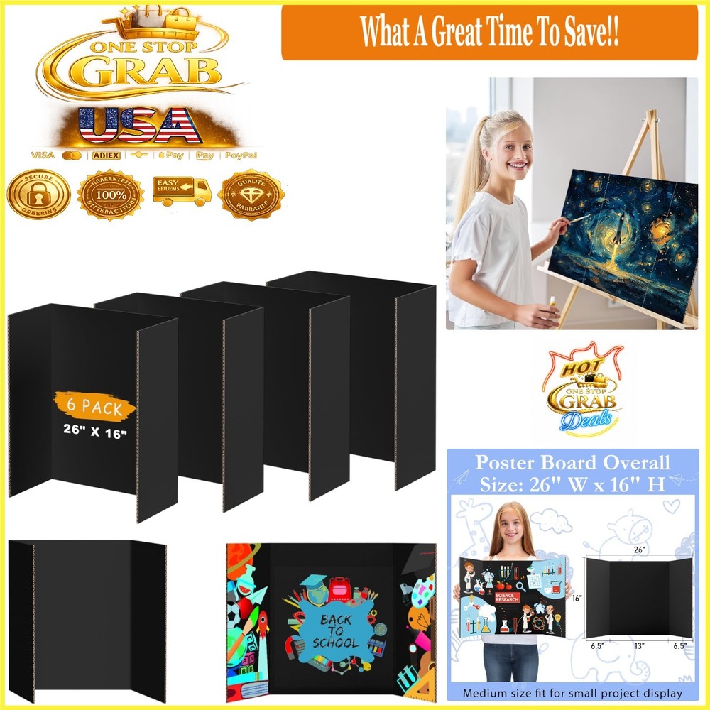 6Pcs Medium Black Trifold Poster Boards 26×16 inches for Presentations