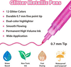 Glitter Markers Pen: 12 Glitter Colors Metallic Shimmer Marker Fine Tip Water-Ba