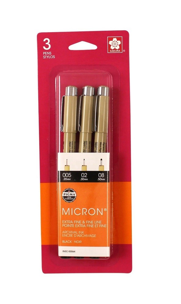 Sakura Pigma Micron Pen Black Ink 3/Pk Sizes 005-02-08 No Bleed Arts Craft Paint