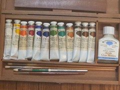 Winsor & Newton Artists Acrylic Colours Wooden Box Set 12 Paints Brushes Palette