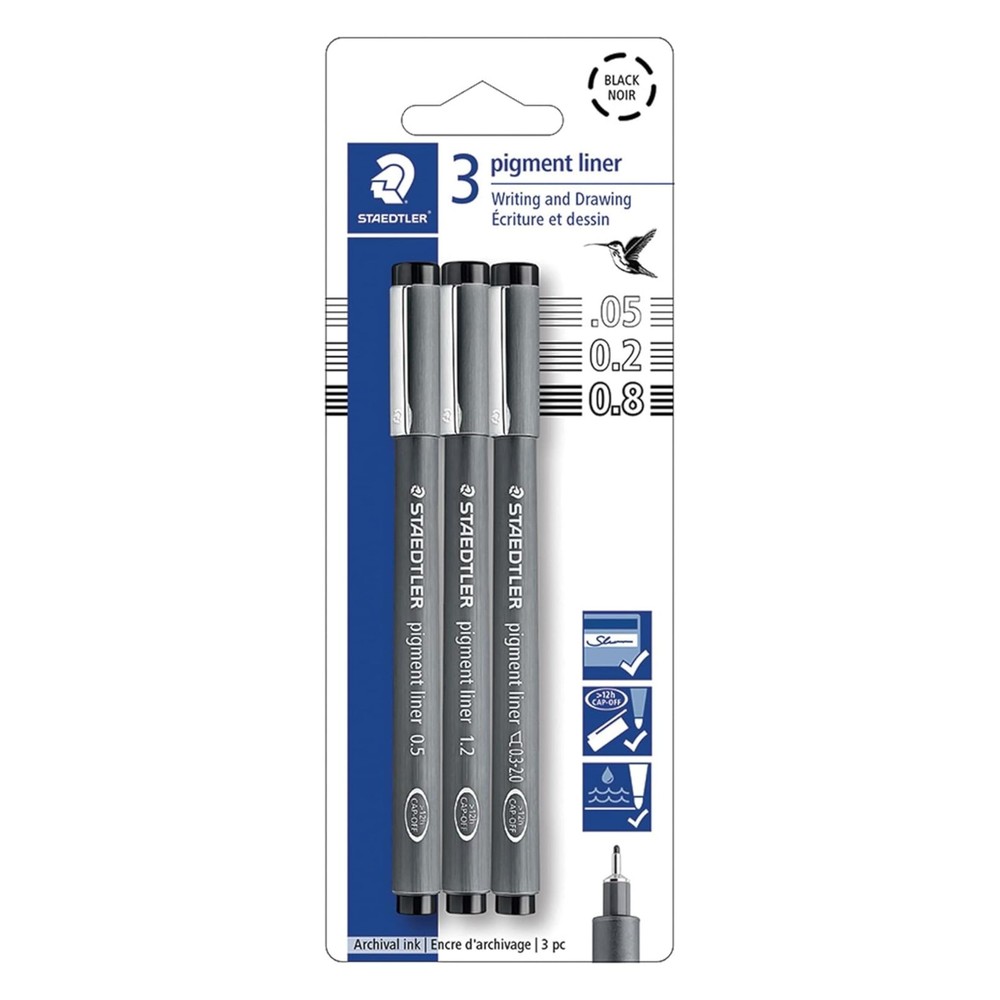 Pigment Liner Pens Black Assorted 0.05mm 0.2mm 0.8mm Staedtler 308-9SBK3