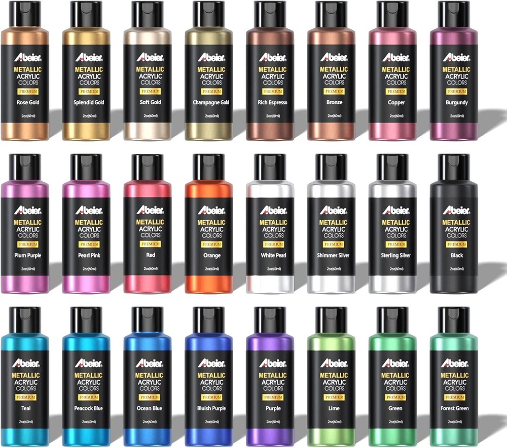 Metallic Acrylic Paint, Set 24 Metallic Colors in 2oz Bottle,Rich Pigments Paint