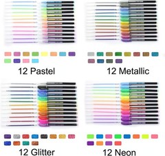 48 Packs Glitter Metallic Gel Pen Set Coloring Neon Pens Set for Adult Coloring