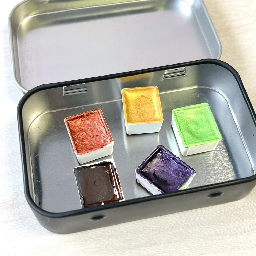 Handmade Watercolor Paint Palette – Half Pan Set of 5 & Zine – Metallic Colors