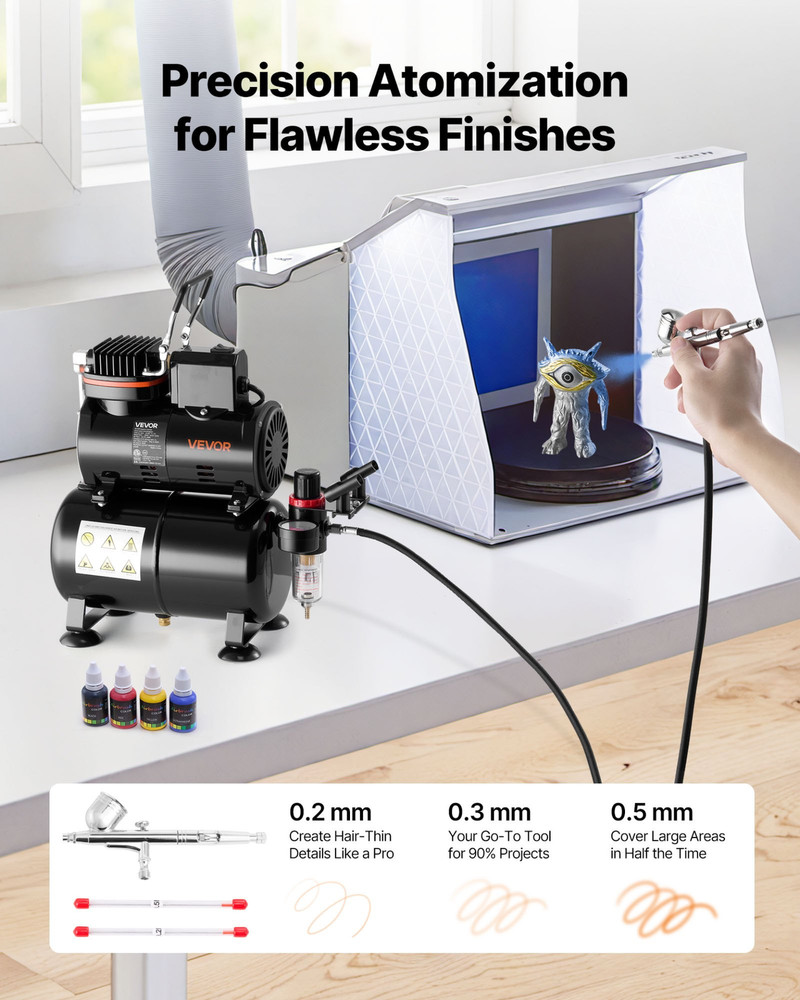 VEVOR Airbrush Starter Kit w/ Compressor & Tank, 1 Airbrush, 3 Tips