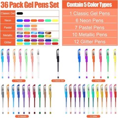 TANMIT 36 Colors Gel Pens Set for Adult Coloring Books with Extra Ink