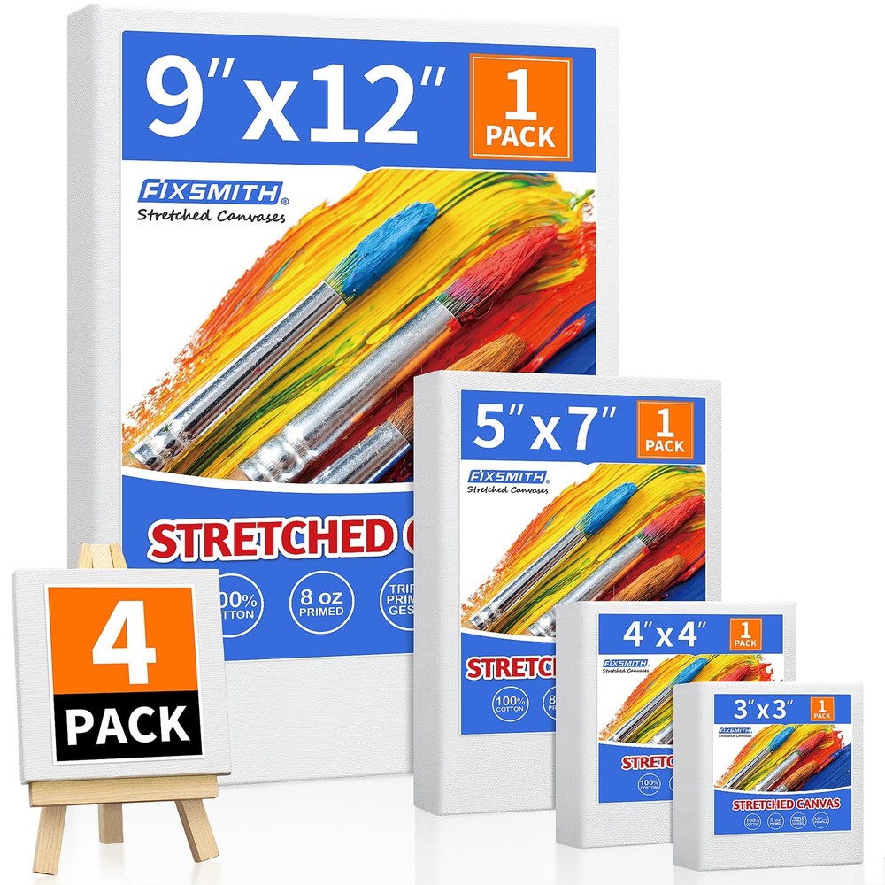 FIXSMITH Stretched Canvas for Painting, 3″x3″, 4″x4″, 5″x7″, 9″x12″, White