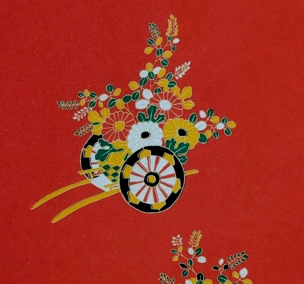 Japanese Art Paper Handmade Chiyogami Vintage Red Floral Rickshaw Print 37×25″