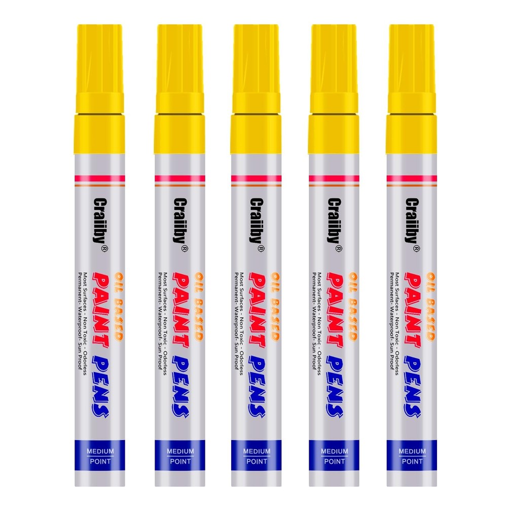 Yellow Paint Markers, 5 Pack Oil-Based Waterproof Quick Dry Permanent Paint Pen