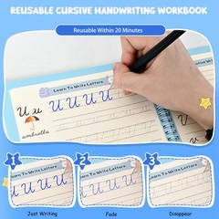 2 Pack Grooved Cursive Handwriting Workbook,Reusable Magic Practice Copybook,…