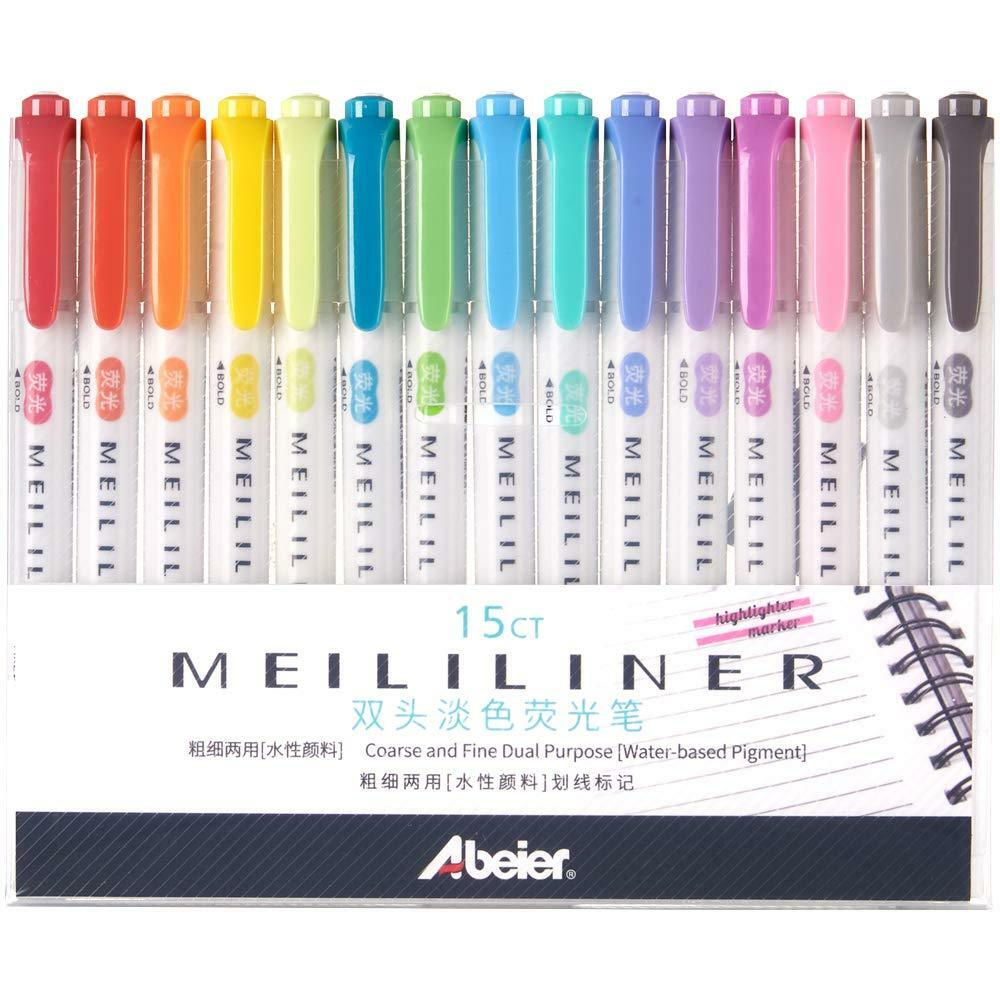 Abeier Meililiiner Double-Ended Highlighter Marker Set, 15 Assorted Colors