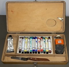 Vintage 1960s Craftint Oil Paint Kit Wooden Box w Brushes Solvent Easel 13 Tubes