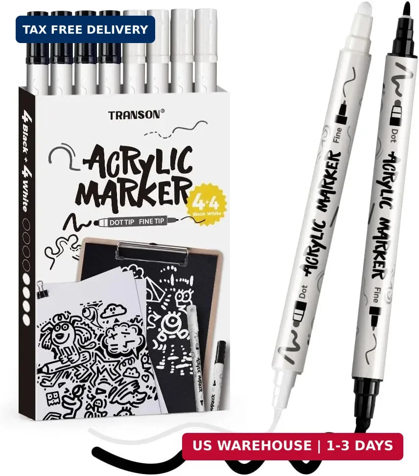TRANSON 4 Black and 4 White Paint Markers Bold and Fine Dual-tip Acrylic Paint M