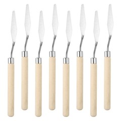 7.09″ 8Pcs Stainless Steel Palette Knife Birch Handle Point#3 Natural Wood Color