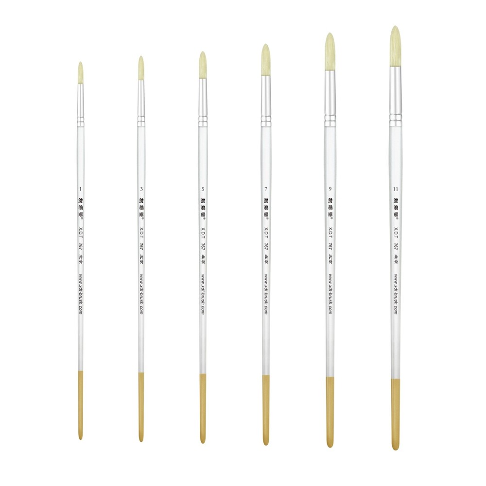 XDT#767-3 Round Tip Art Brush 6Pc #1#3#5#7#9#11 Hog Acrylic Oil Watercolor