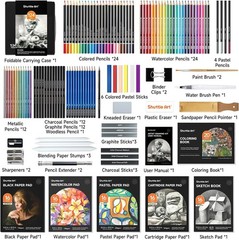 124 PCS Drawing Kit, Professional Drawing Supplies with Sketch, Charcoal, Col…