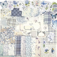 100PCS Vintage Floral Scrapbook Paper,Textured Paper Assorted Set, Blue