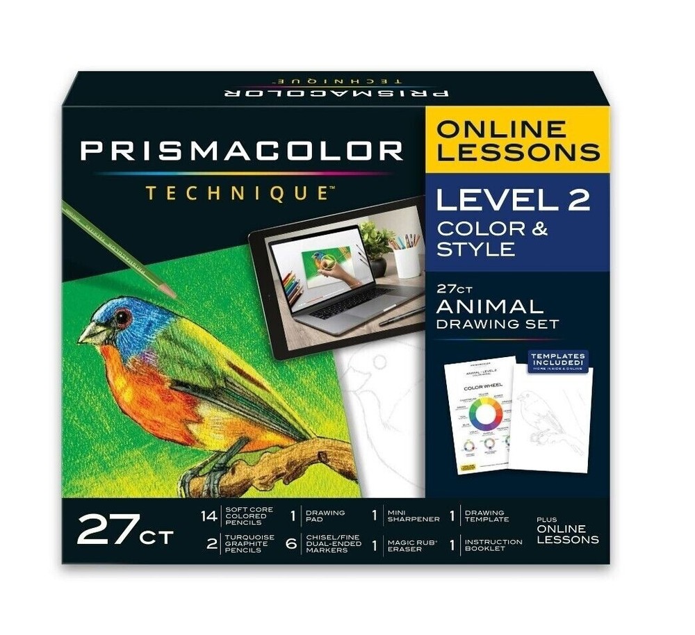PRISMACOLOR TECHNIQUE ONLINE LESSONS LEVEL 2 COLOR & STYLE 27pc ANIMAL SET. NEW