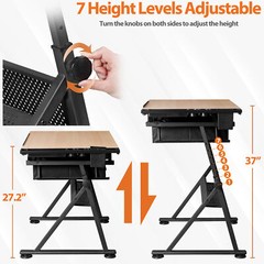 Drafting Table Wooden Drawing Desk Craft Station Artist w/Charging Station Stool