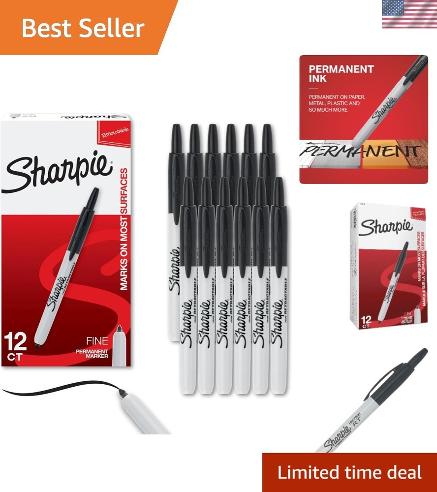12 Black Fine Tip Permanent Markers – Retractable & Water Resistant for All Ages