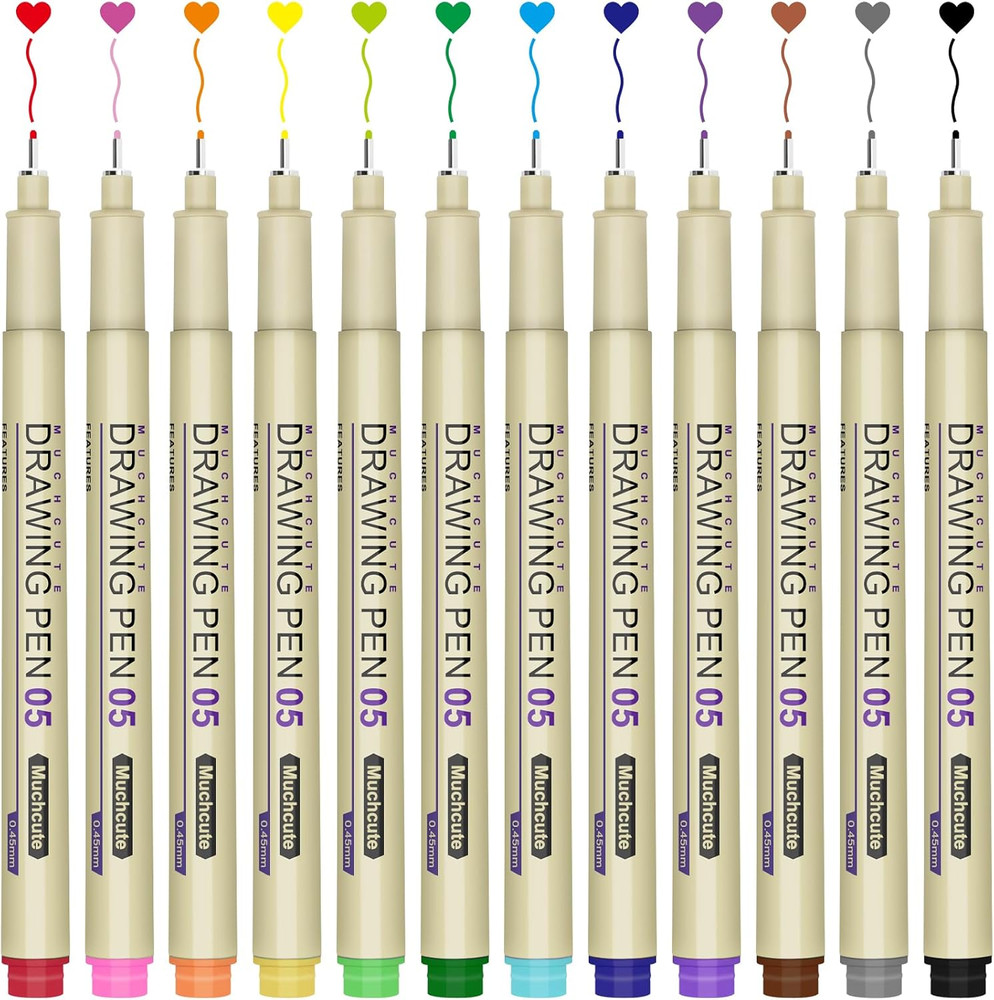 Muchcute 05 Micro Fineliner Drawing Art Pens: 12 Colors 0.45Mm Extra Fine Point